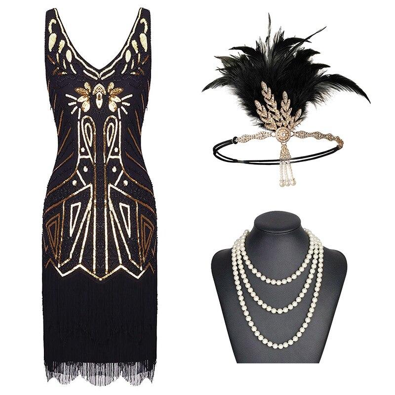 Robe Soirée Année 20 Noire Dorée (Avec Accéssoires) - Louise Vintage