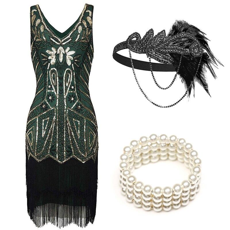 Robe Soirée Année 20 Verte (Avec Accéssoires) - Louise Vintage