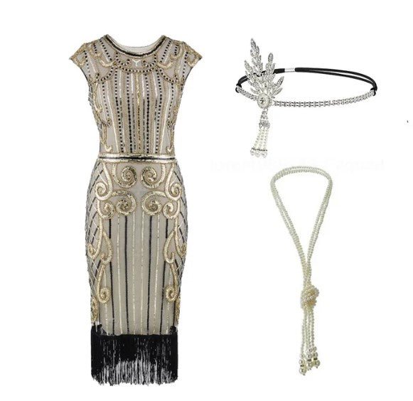 Robe Taille Basse Année 20 Beige (Avec Accessoires) - Louise Vintage
