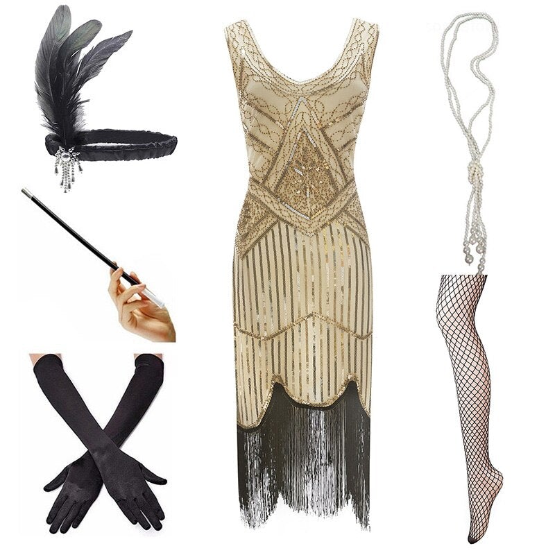 Robe Vintage 1920 Beige Noir (Avec Accéssoires) - Louise Vintage