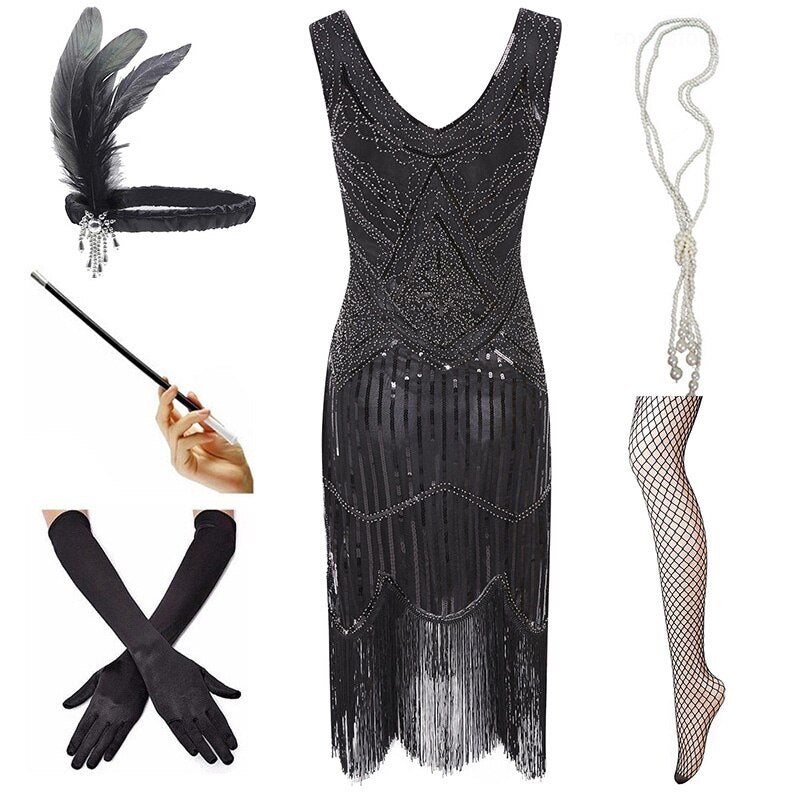 Robe Vintage 1920 Noir Mat (Avec Accéssoires) - Louise Vintage
