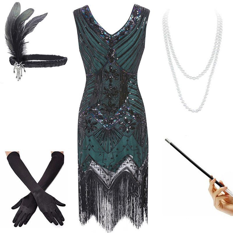 Robe Vintage Année 20 Vert Noir (Avec Accéssoires) - Louise Vintage