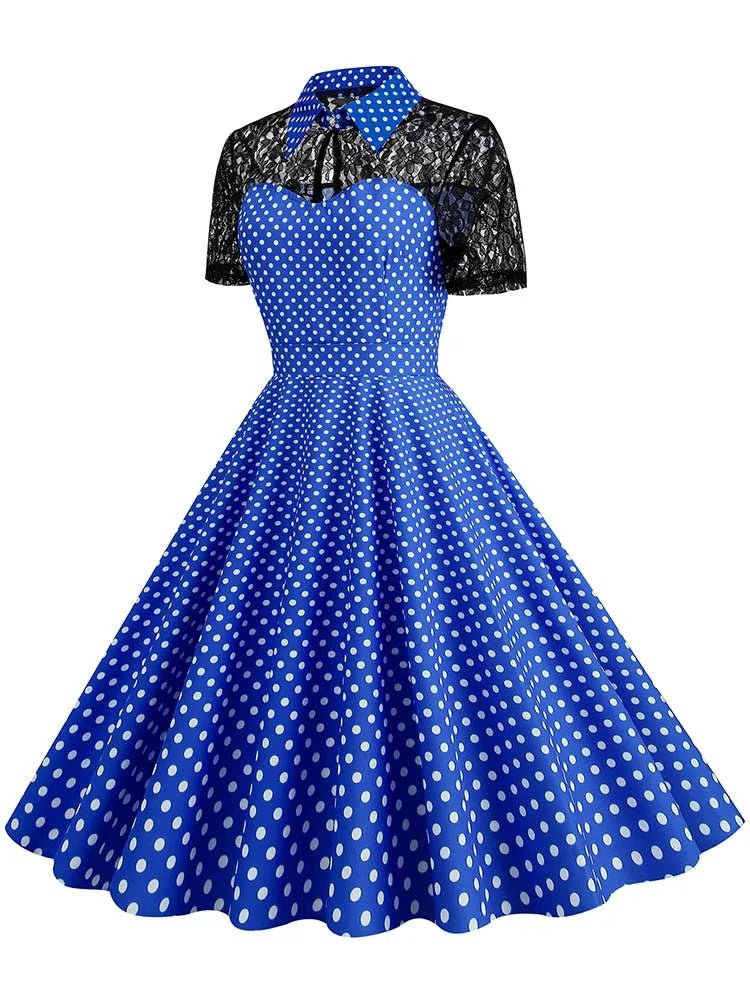 Robe Vintage Bleu Col Dentelle - Louise Vintage