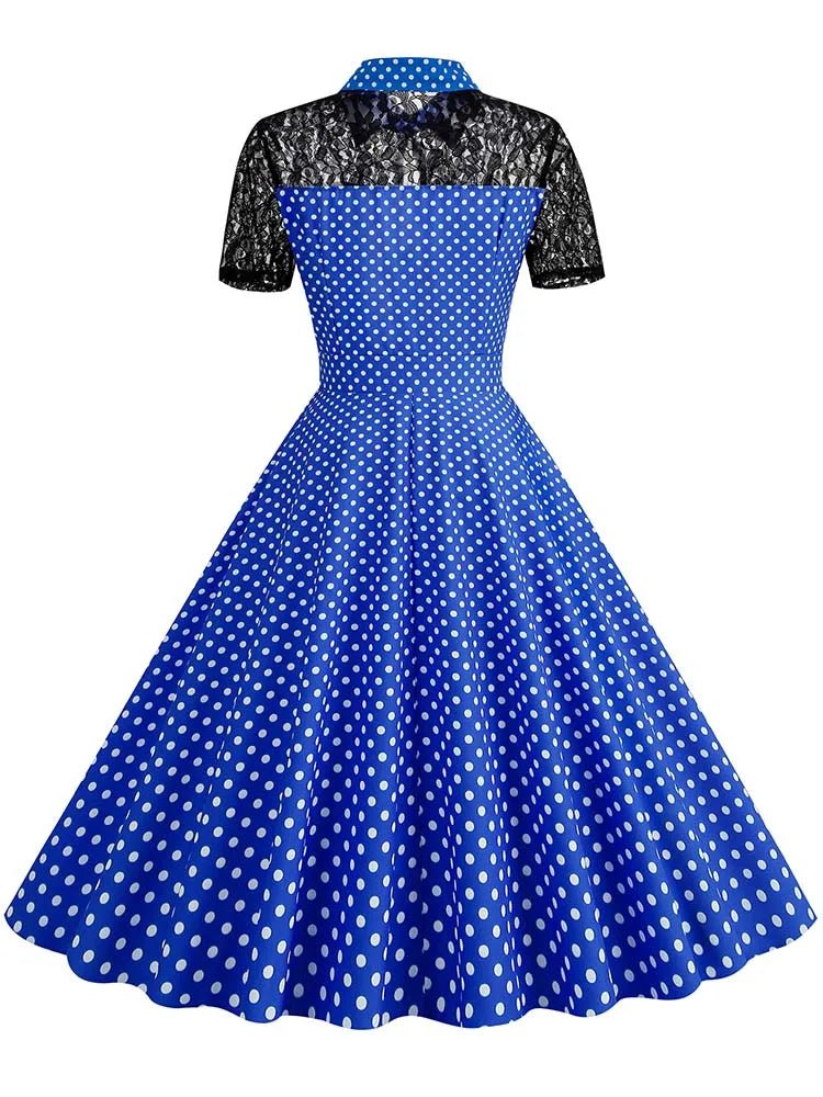 Robe Vintage Bleu Col Dentelle - Louise Vintage
