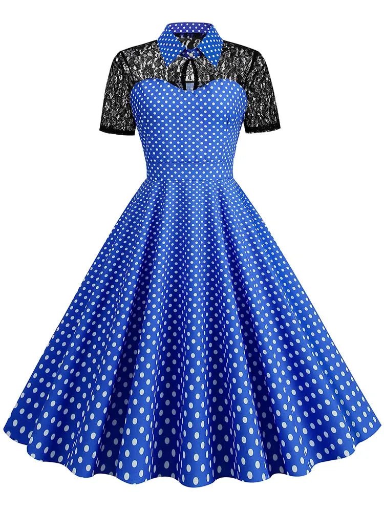 Robe Vintage Bleu Col Dentelle - Louise Vintage