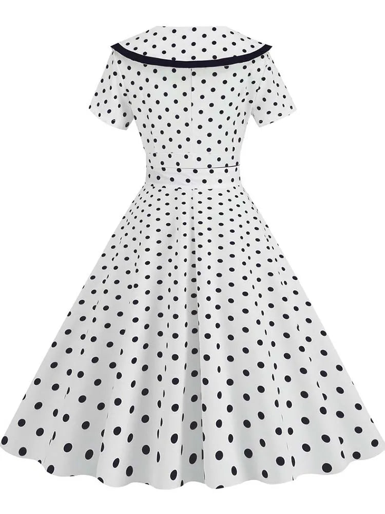 Robe Vintage Col Rond Blanche Pois - Louise Vintage