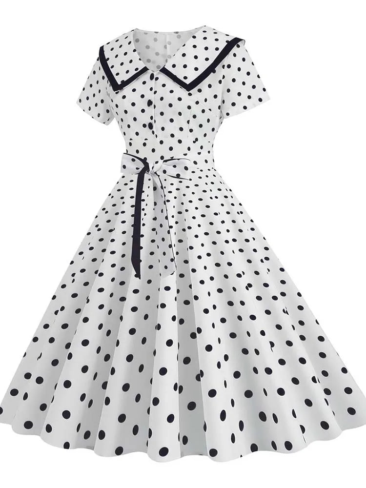 Robe Vintage Col Rond Blanche Pois - Louise Vintage
