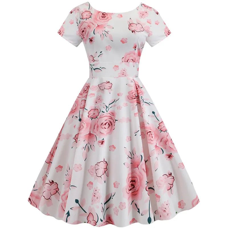 Robe Vintage Col Rond Rose Fleurs - Louise Vintage