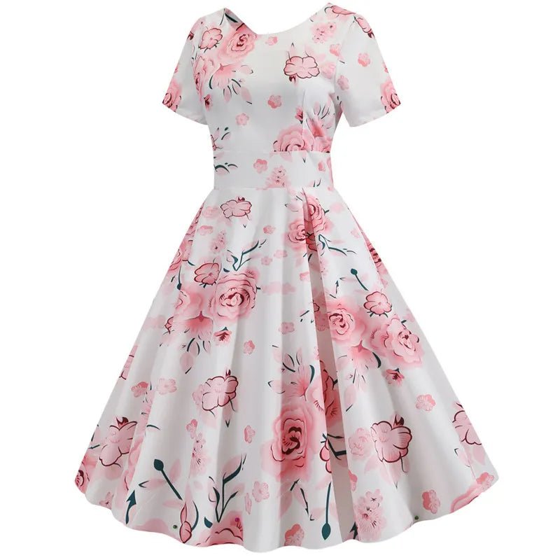 Robe Vintage Col Rond Rose Fleurs - Louise Vintage
