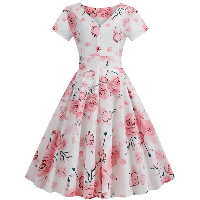 Robe Vintage Col Rond Rose Fleurs - Louise Vintage