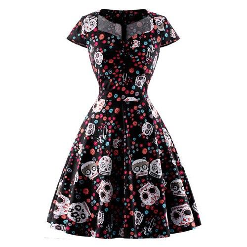 Robe Vintage Grande Taille Noir Skull - Louise Vintage