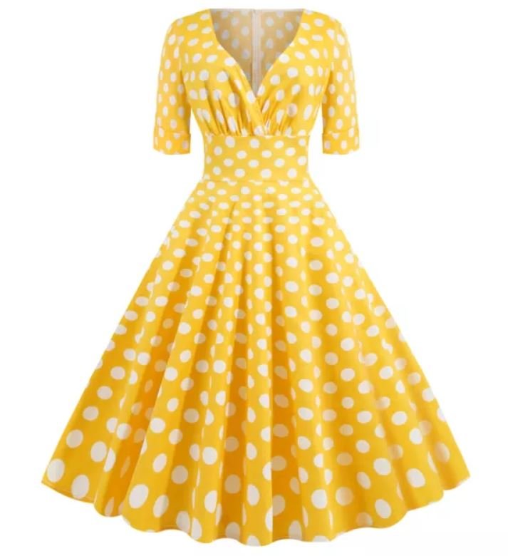 Robe Vintage Jaune Coton Pois - Louise Vintage