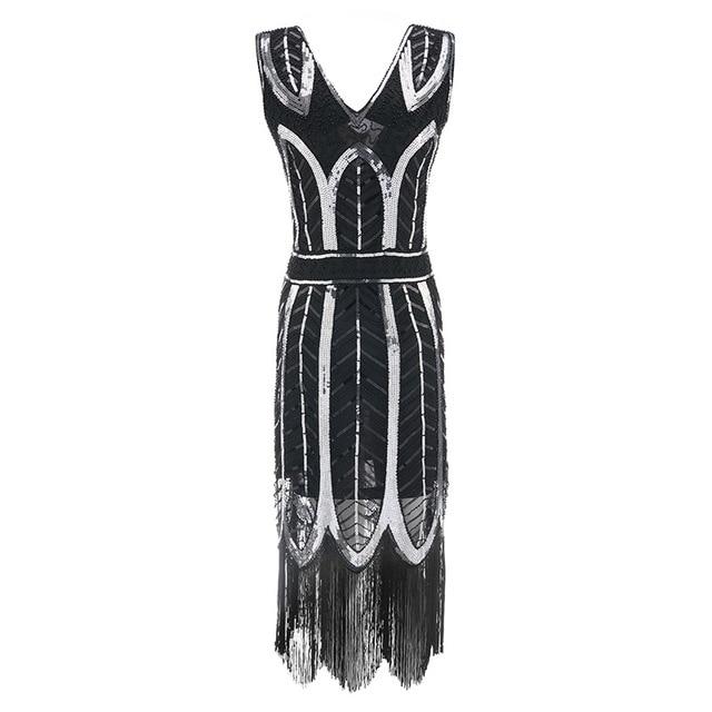 Robe Vintage<br> Années 20 Gatsby Noir Argent - Louise Vintage
