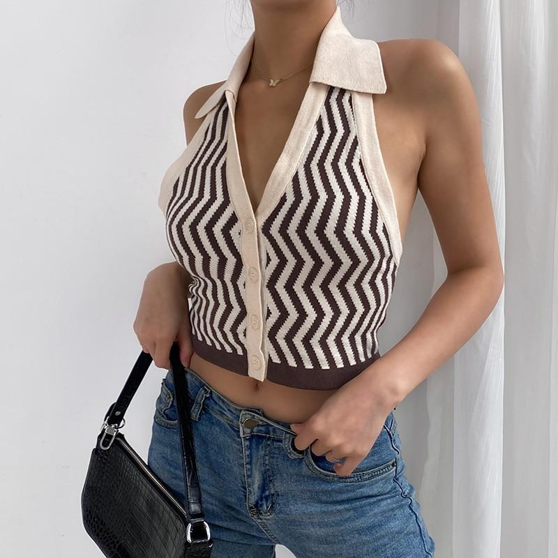 Top Vintage Sexy Rayé Marron - Louise Vintage
