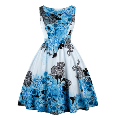 Robe Vintage Col Rond Blanche Fleurs