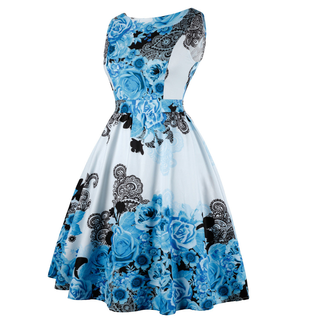 Robe Vintage Col Rond Blanche Fleurs