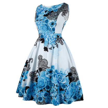 Robe Vintage Col Rond Blanche Fleurs