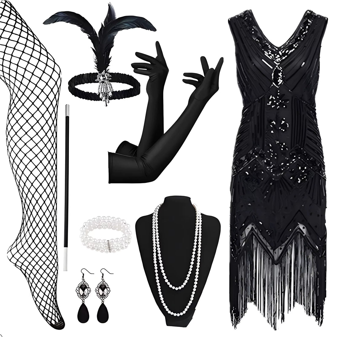 Robe Rétro Année 20 Noire (Avec Accessoires)