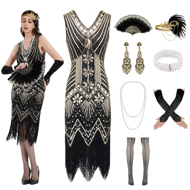 Robe Vintage Année 20 Or (Avec Accessoires)