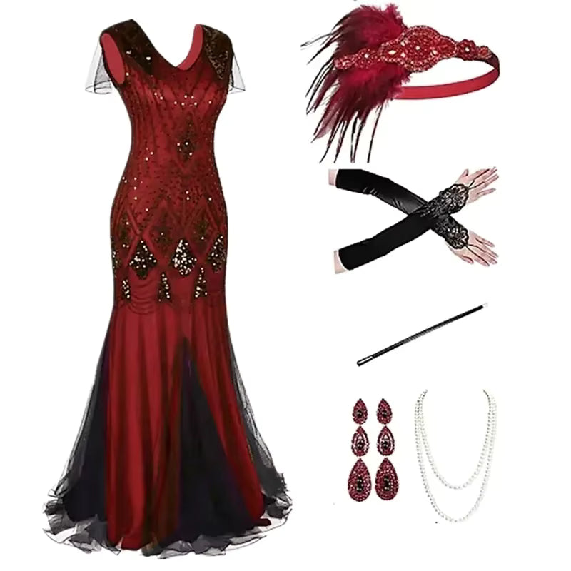 Robe Inspiration Années 20 Rouge (Avec Accessoires)