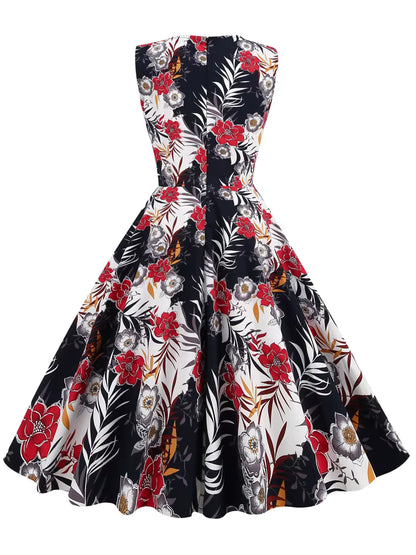 Robe Années 40 Taille Haute Noire Fleurs