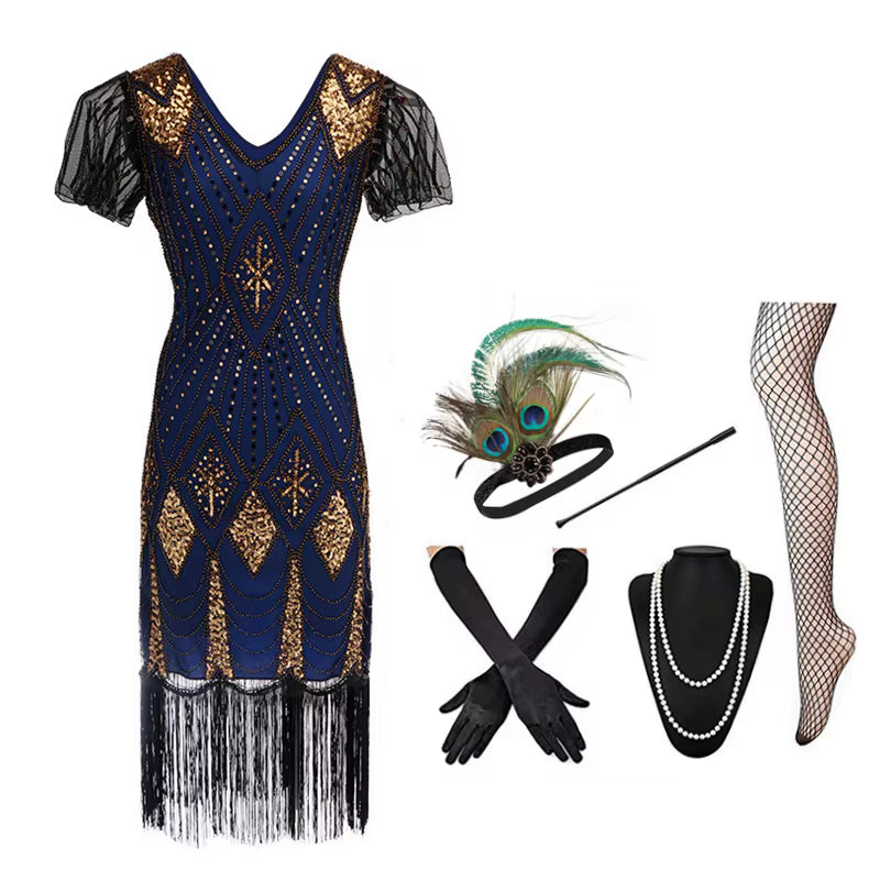 Robe Année 20 Prohibition Bleu Royal (Avec Accessoires)
