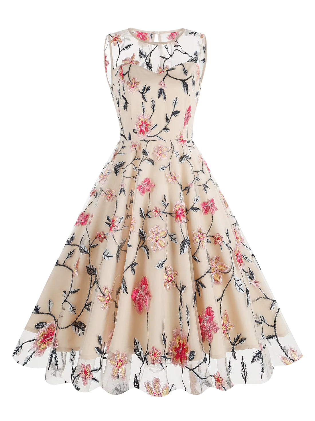 Robe Vintage Col Rond Creme Fleurs
