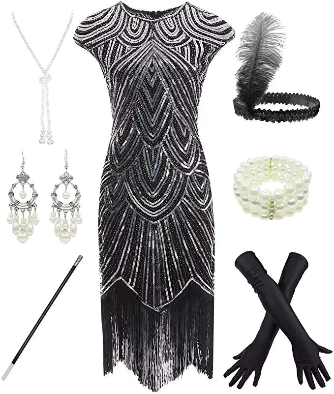 Robe de Soirée Style Année 20 Noire (Avec Accessoires)