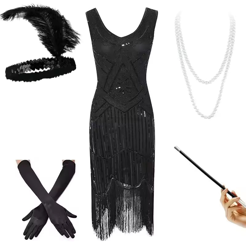 Robe Vintage Année 20 Black (Avec Accessoires)