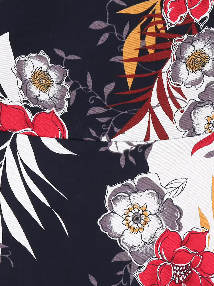Robe Années 40 Taille Haute Noire Fleurs