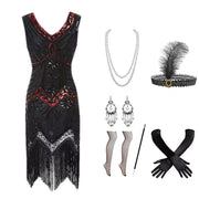 Robe Année 20 Gatsby Noire et Rouge (Avec Accessoires)