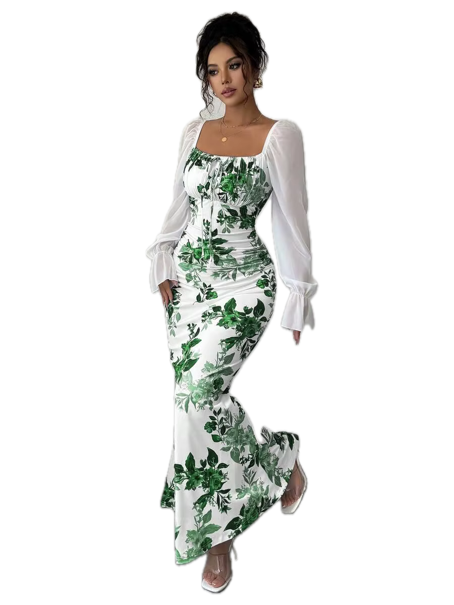 Robe de Cérémonie Vintage Fleurie Verte
