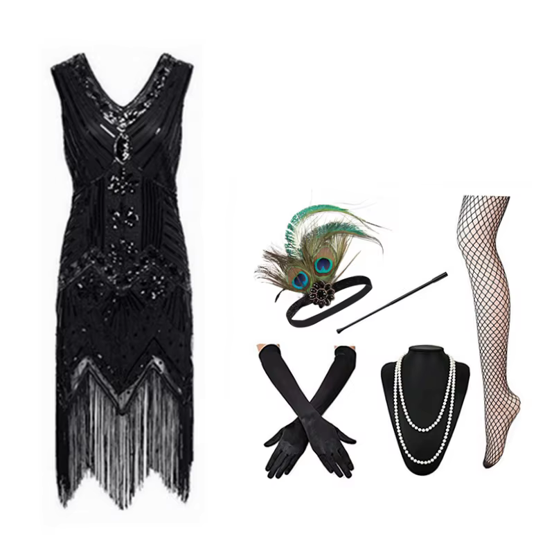 Charleston Robe Année 20 Noire (Avec Accessoires)
