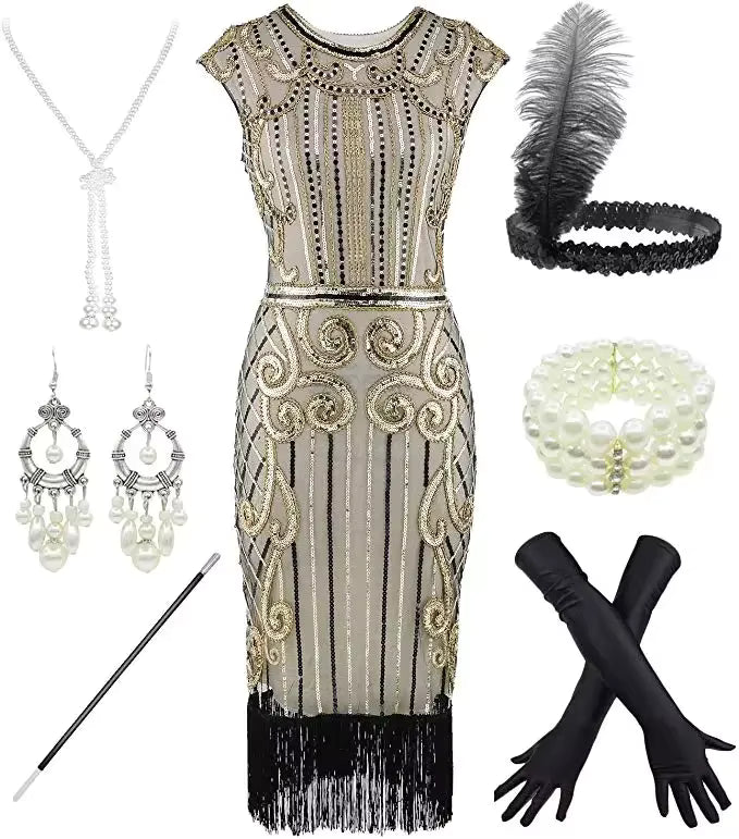 Robe de Soirée Style Année 20 Beige (Avec Accessoires)