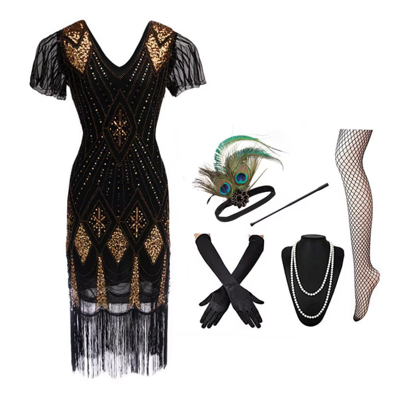 Robe Année 20 Prohibition Noire et Or (Avec Accessoires)