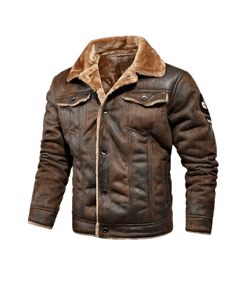 Blouson Aviateur Homme Américain Marron Fourrure - Louise Vintage