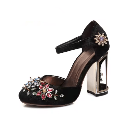 Chaussures Pin Up Fleurs Noir - Louise Vintage