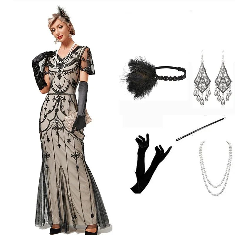 Gatsby Robe de Soirée Année 20 Beige (Avec Accéssoires) - Louise Vintage