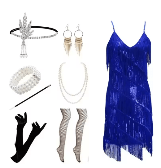 Gatsby Robe de Soirée Année 20 Bleu (Avec accéssoires) - Louise Vintage