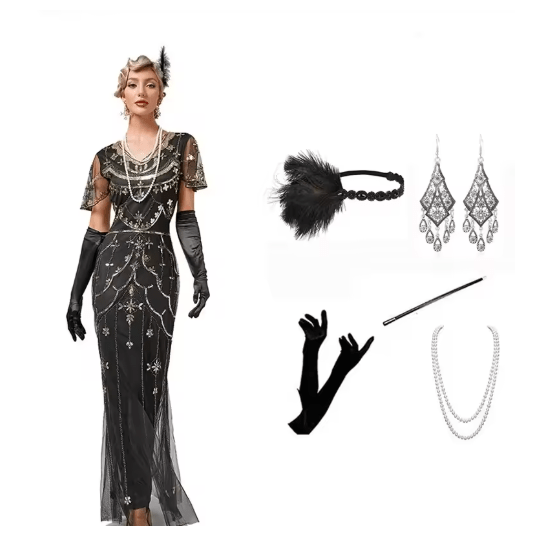 Gatsby Robe de Soirée Année 20 Noire (Avec Accéssoires) - Louise Vintage