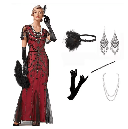 Gatsby Robe de Soirée Année 20 Rouge (Avec Accéssoires) - Louise Vintage