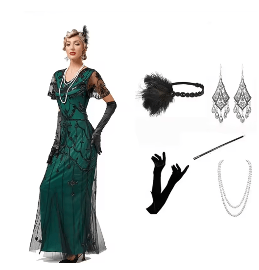 Gatsby Robe de Soirée Année 20 Vert (Avec Accéssoires) - Louise Vintage