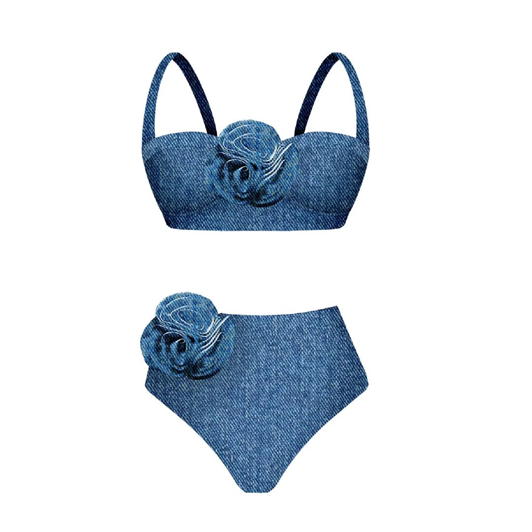 Maillot de bain Vintage Bikini Taille Haute Bleu Fleurs - Louise Vintage