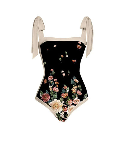 Maillot de Bain Vintage Volant Noir Fleurs - Louise Vintage