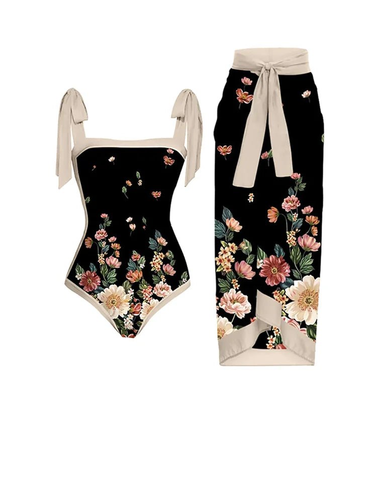 Maillot de Bain Vintage Volant Noir Fleurs - Louise Vintage
