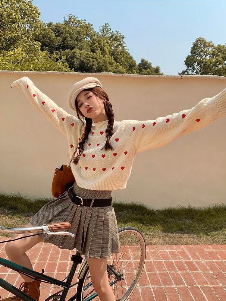 Pull Manches Longues Coeurs Rose - Louise Vintage