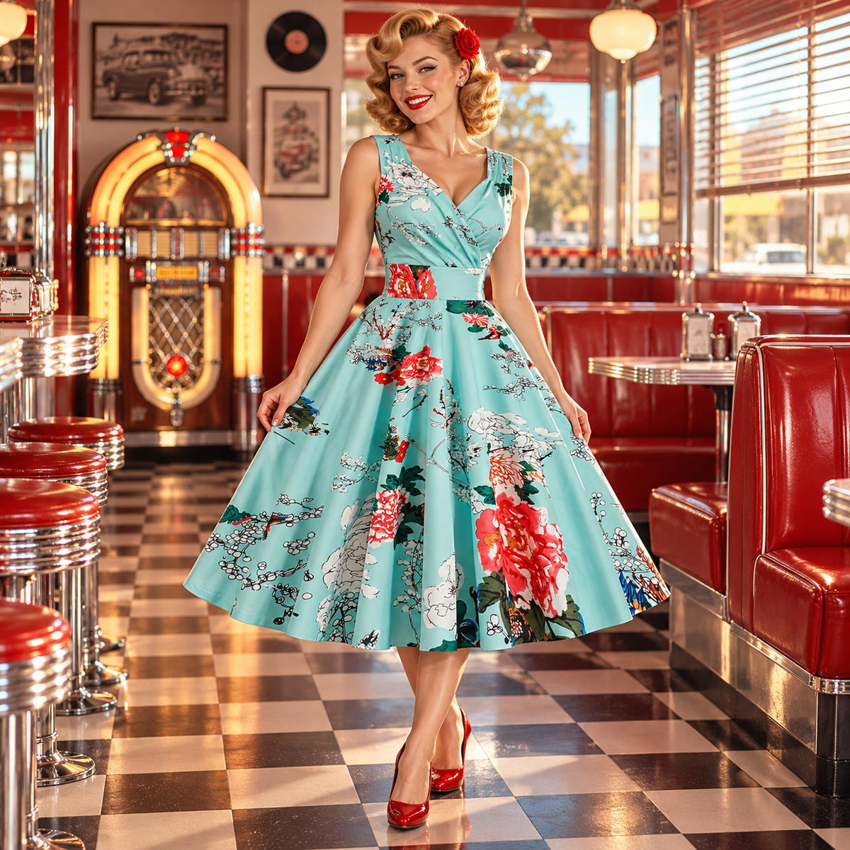 Robe Année 50 Moderne – photo pin-up diner carrée