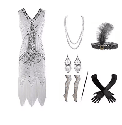 Robe Année 20 Femme Ronde Blanche (Avec Accessoires) - Louise Vintage