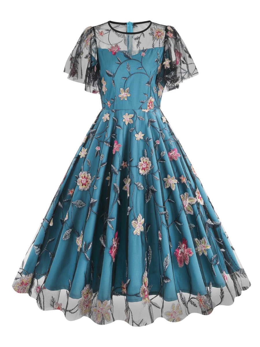 Robe Année 50 Bleu Ciel Fleurie - Louise Vintage