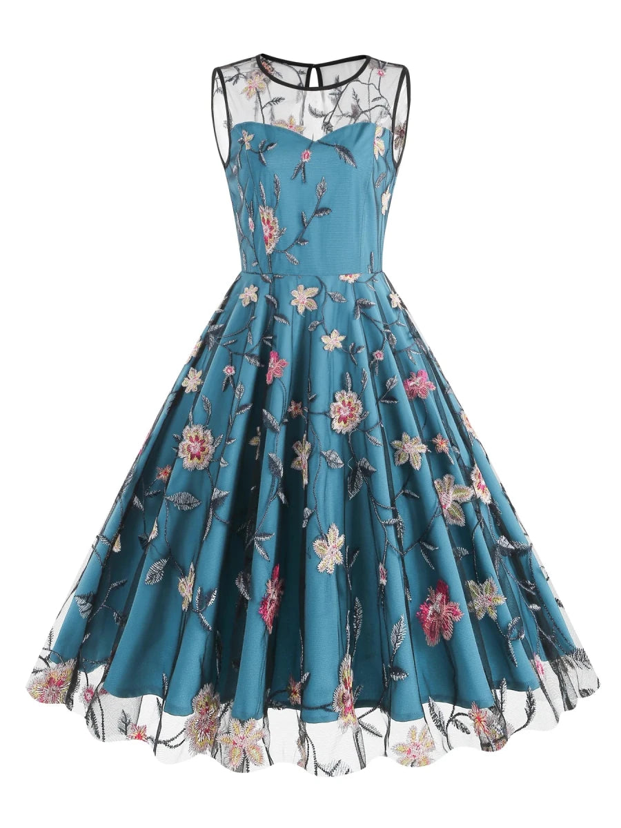 Robe Année 50 Bleu Ciel Fleurie - Louise Vintage